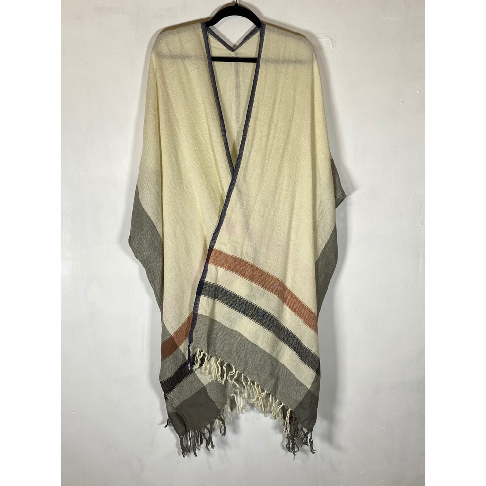 Ann Taylor LOFT Wool Blend Kimono‎ Ruana Poncho Fringe Color Block Boho One Size